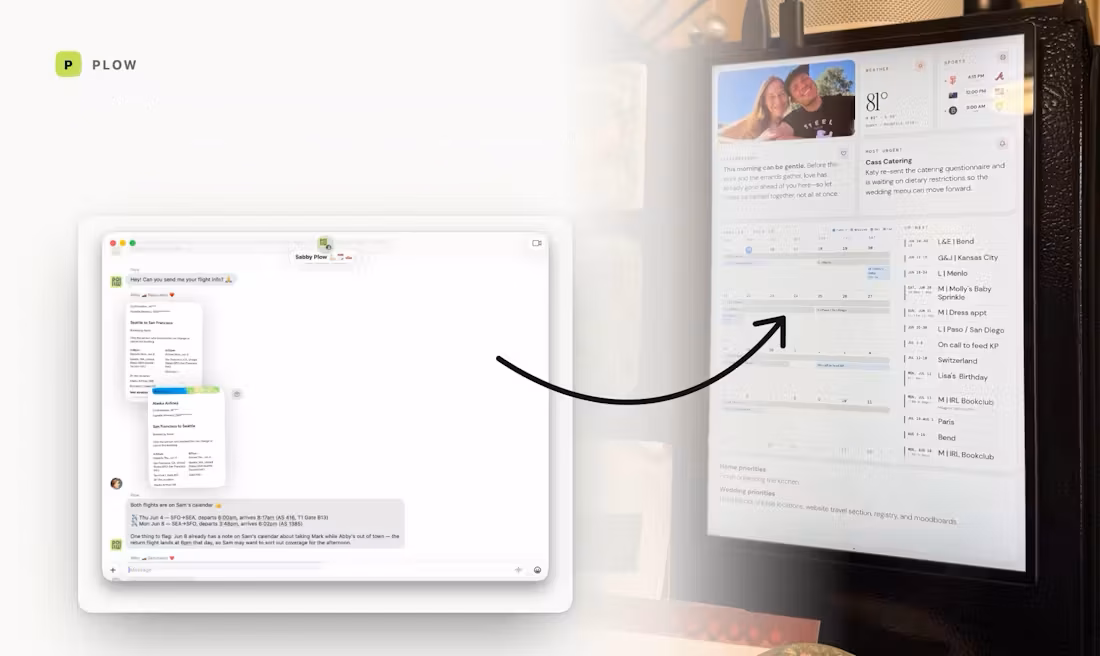 Plow open on a Mac next to a monitor showing the family calendar dashboard