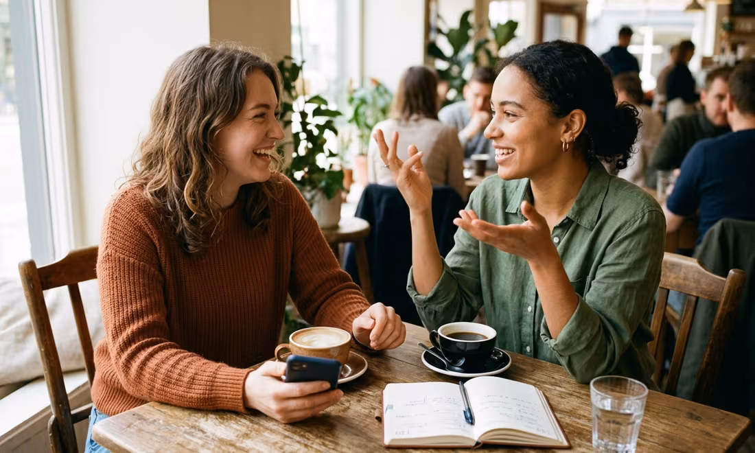 Two friends making plans to meet over coffee
