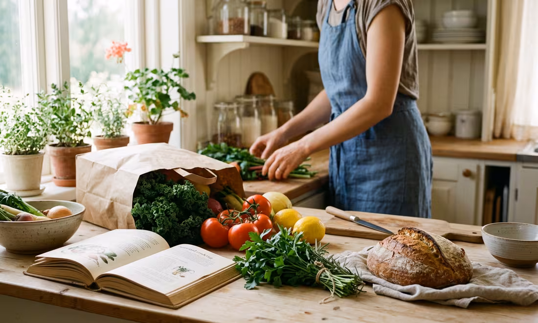 A home kitchen with fresh groceries on the counter