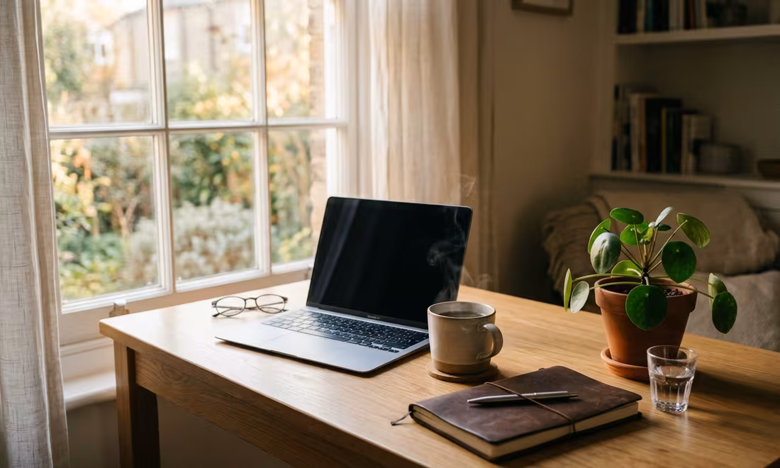 A tidy desk with a laptop and morning coffee by a window